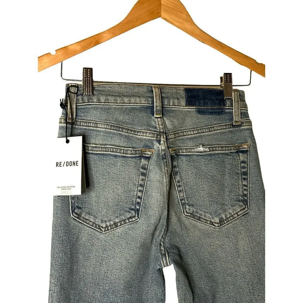 RE/DONE Women's 70s Ultra High Rise Stove Pipe Ankle Denim Jeans Sz 24 Blue NWT
